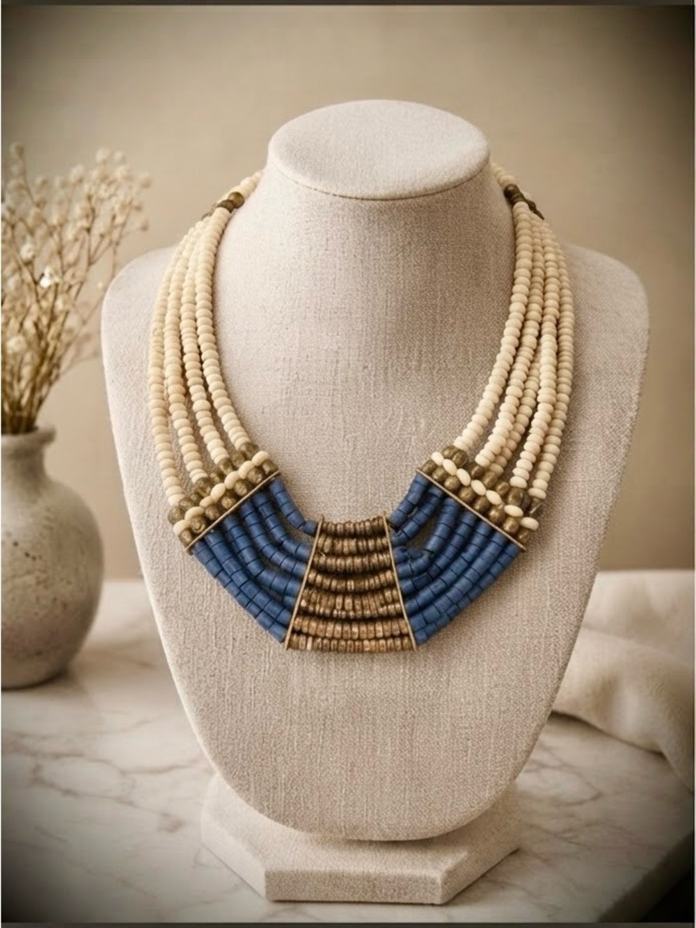 Tibetan Multistrand Vegetable Ivory Blue Brass Beaded Statement Necklace